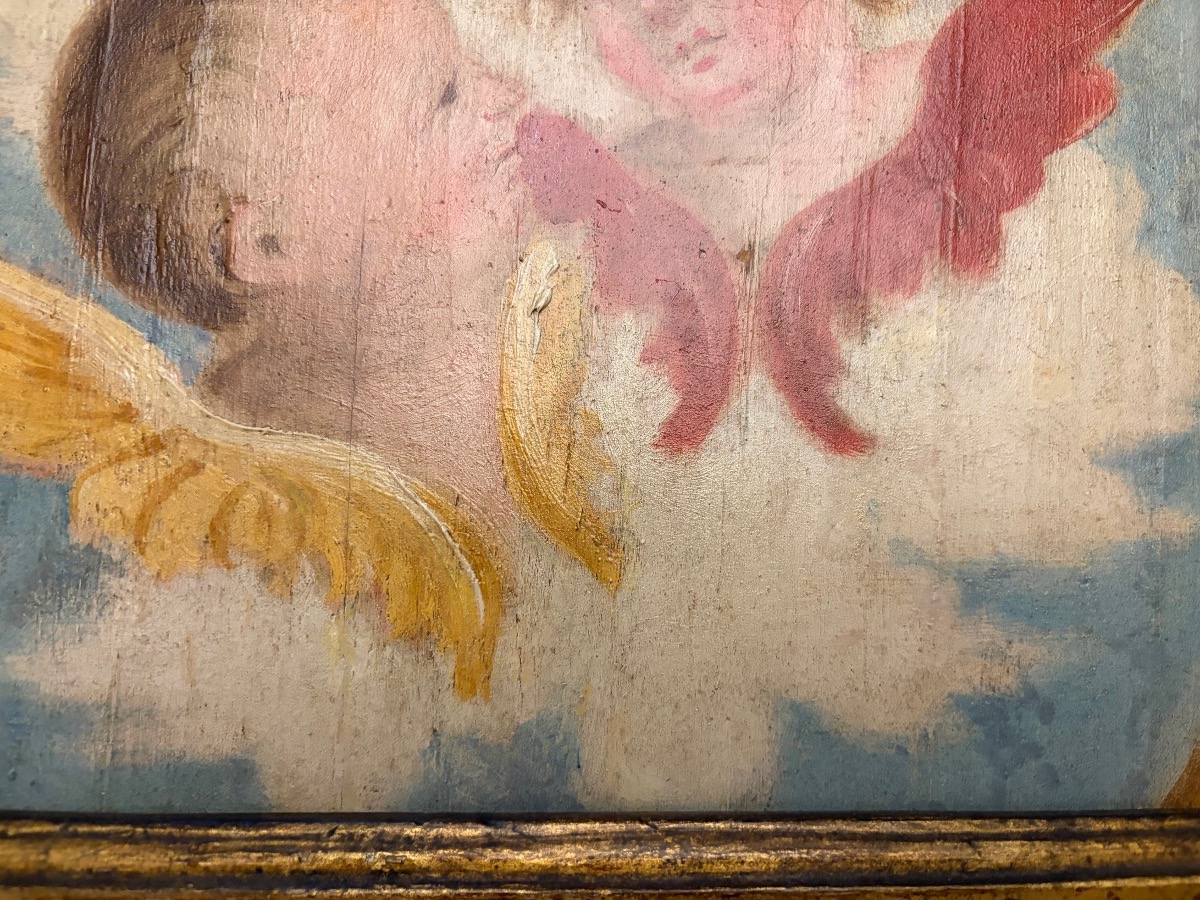 Oil On Wood, Two Cherub Heads Against A Background Of Clouds, 18th Century. Italian Gilded Wood Frame.-photo-3