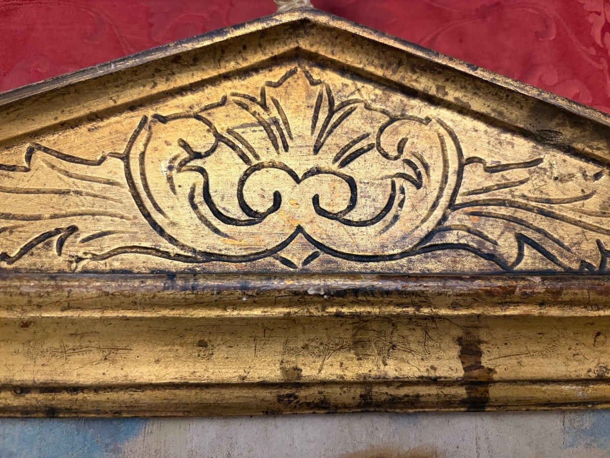 Oil On Wood, Two Cherub Heads Against A Background Of Clouds, 18th Century. Italian Gilded Wood Frame.-photo-4