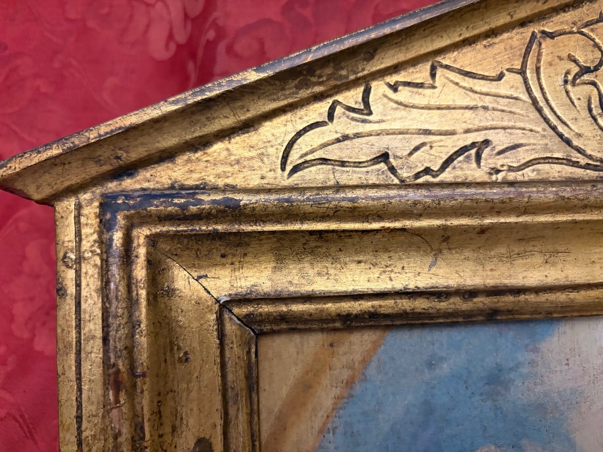 Oil On Wood, Two Cherub Heads Against A Background Of Clouds, 18th Century. Italian Gilded Wood Frame.-photo-5