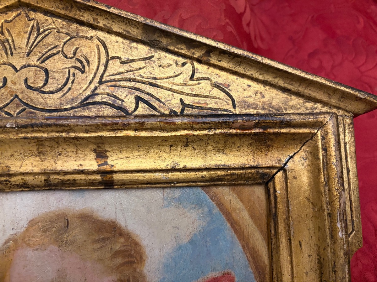 Oil On Wood, Two Cherub Heads Against A Background Of Clouds, 18th Century. Italian Gilded Wood Frame.-photo-6