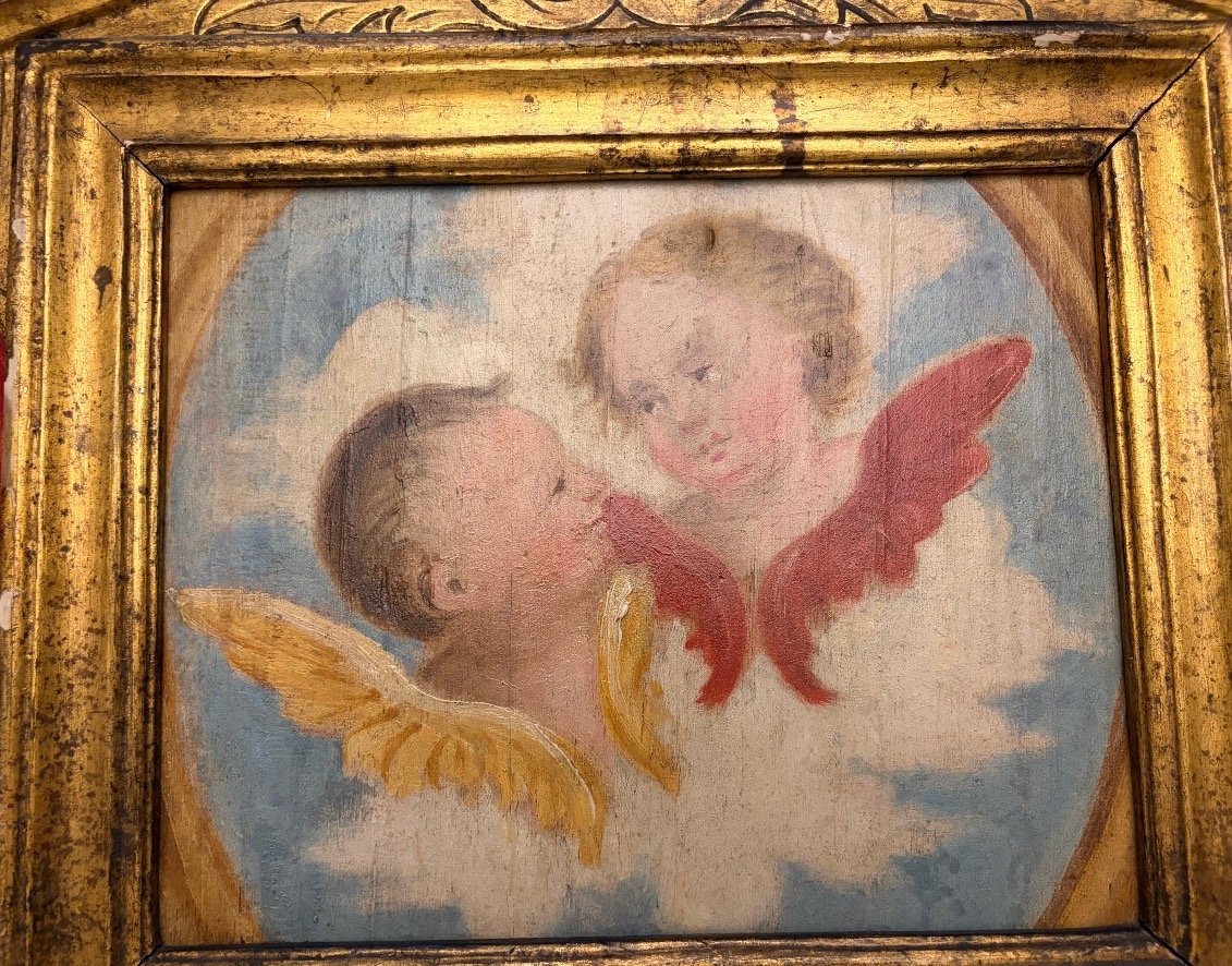 Oil On Wood, Two Cherub Heads Against A Background Of Clouds, 18th Century. Italian Gilded Wood Frame.-photo-7