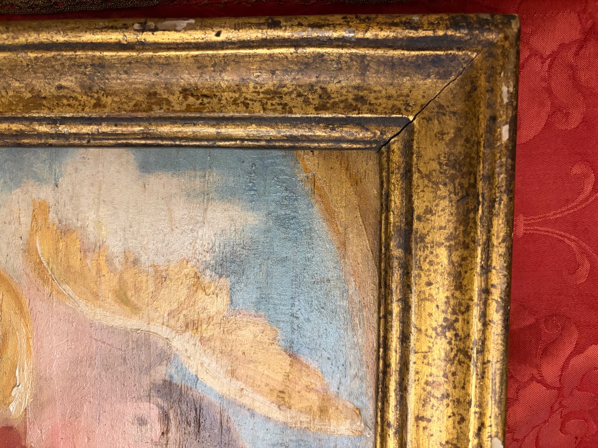 Oil On Wood, Two Cherub Heads Against A Background Of Clouds, 18th Century. Italian Gilded Wood Frame.-photo-8