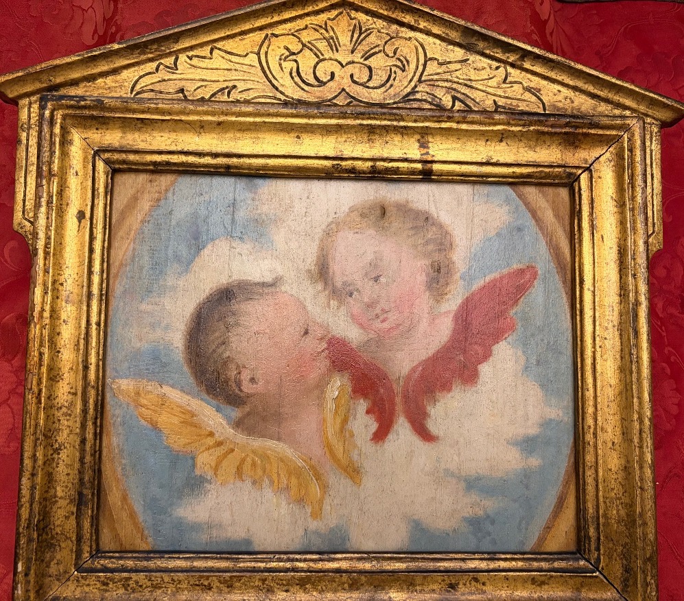Oil On Wood, Two Cherub Heads Against A Background Of Clouds, 18th Century. Italian Gilded Wood Frame.