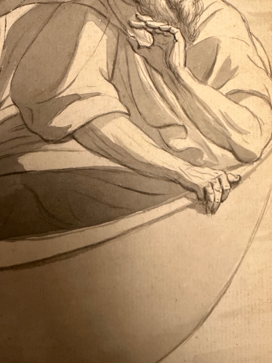 Pen-and-ink Drawing In Gray Ink, Neoclassical, Religious Theme, Three Men In A Boat. -photo-2