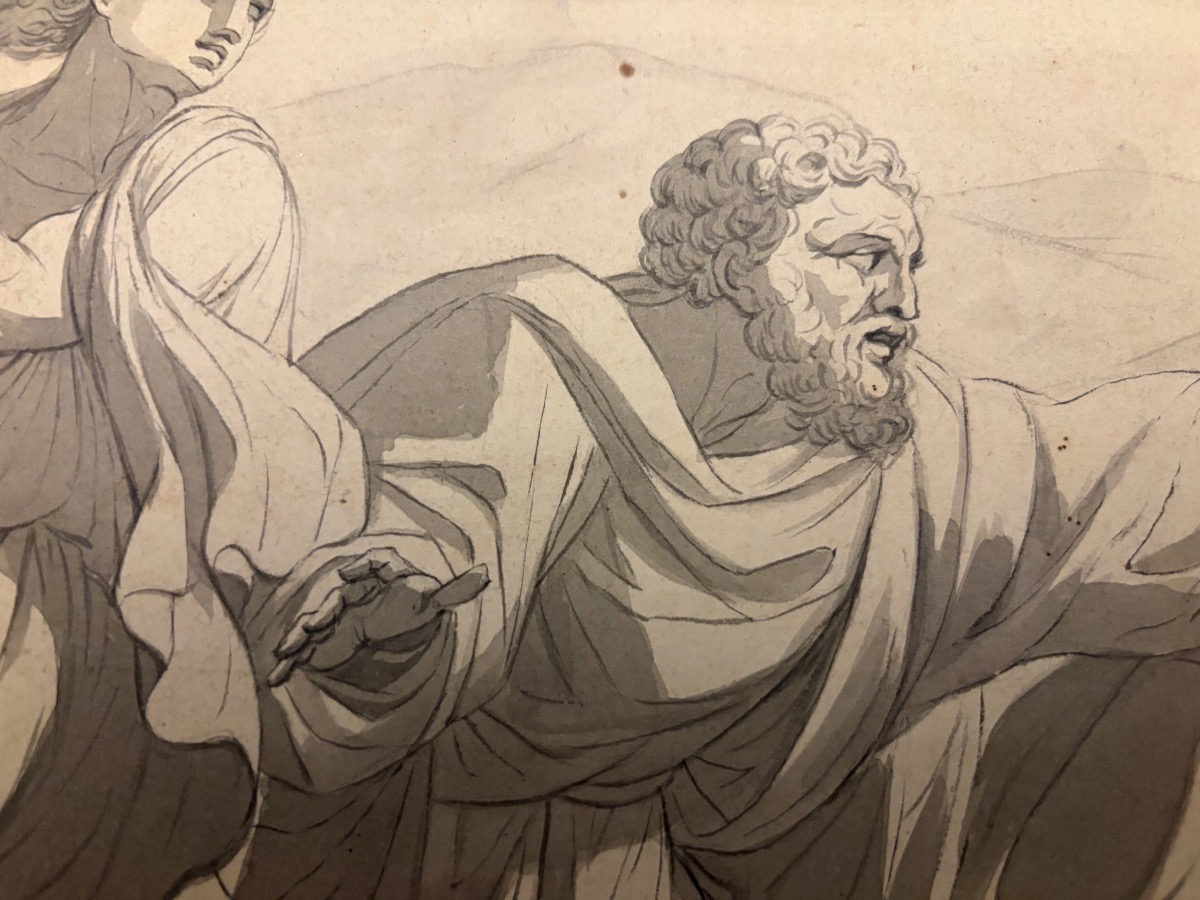 Pen-and-ink Drawing In Gray Ink, Neoclassical, Religious Theme, Three Men In A Boat. -photo-1
