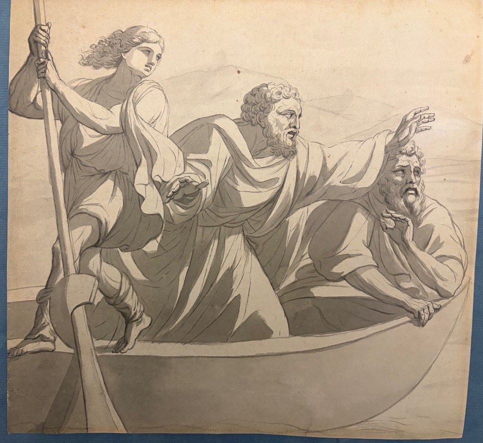 Pen-and-ink Drawing In Gray Ink, Neoclassical, Religious Theme, Three Men In A Boat. 