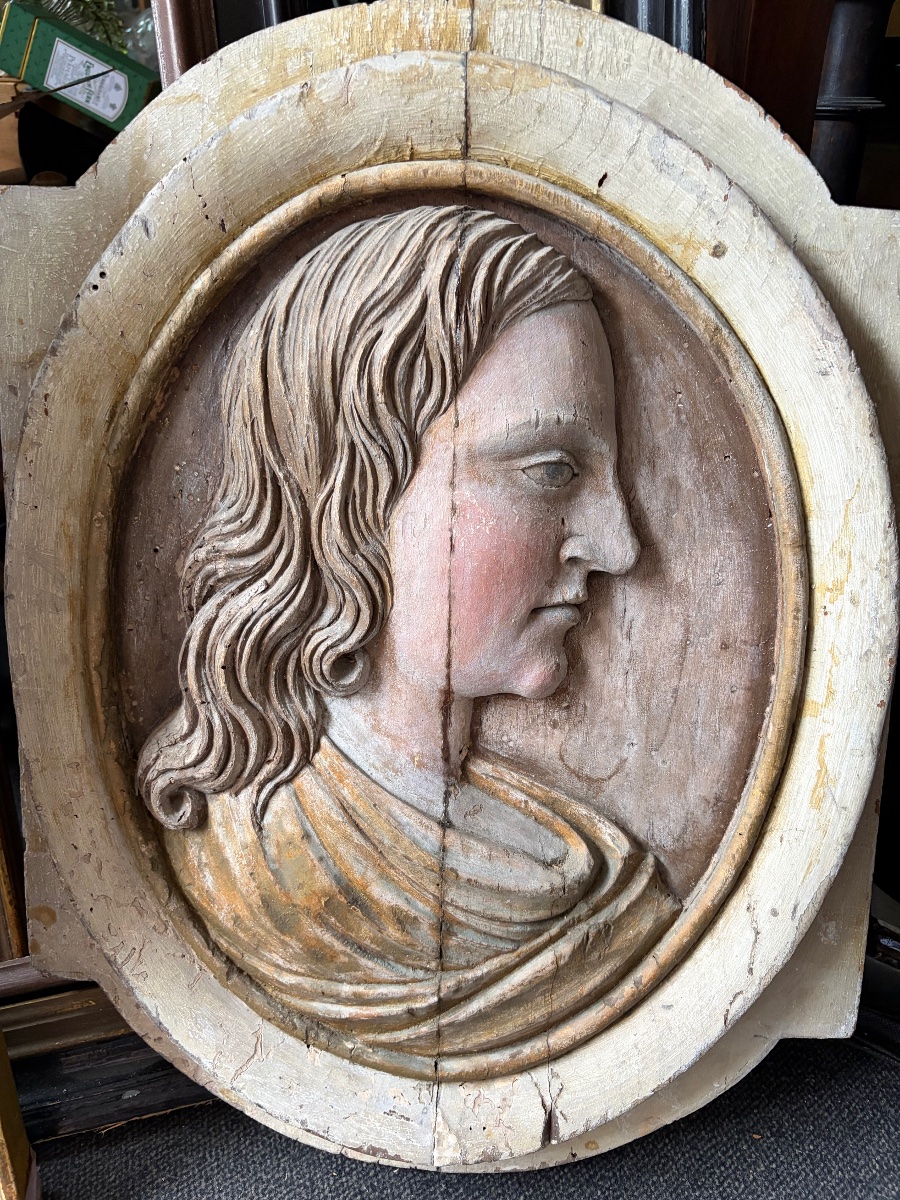17th-century Carved Panel. Profile Of A Saint. France.
