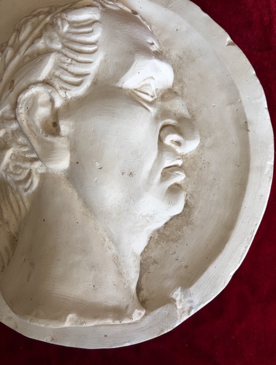 Profil en plâtre de l’empereur romain Domitien, appliqué sur un panneau ancien. -photo-2