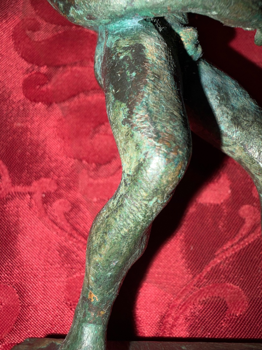 Bronze Statuette With A Green Patina, Depicting A Young Faun Holding A Wineskin. Grand Tour, 19th Century -photo-4