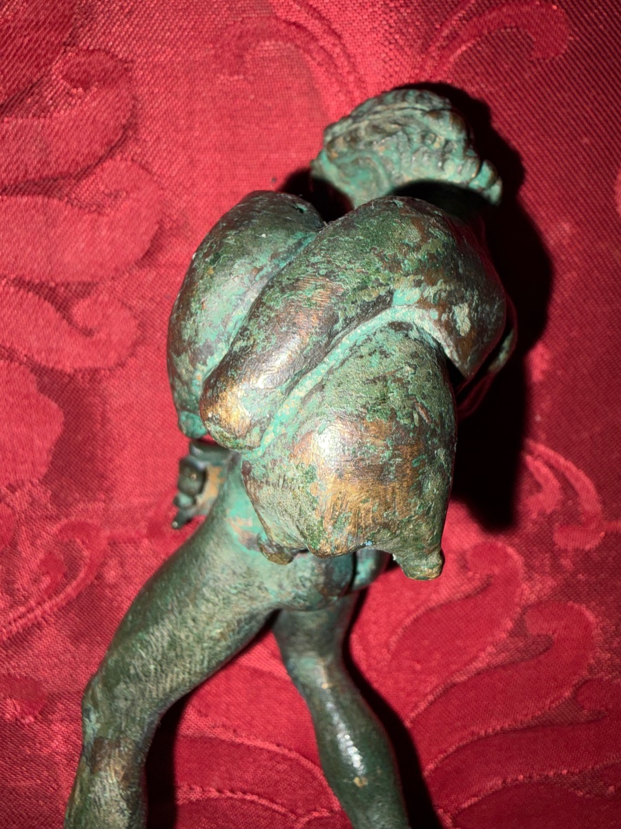 Bronze Statuette With A Green Patina, Depicting A Young Faun Holding A Wineskin. Grand Tour, 19th Century -photo-4
