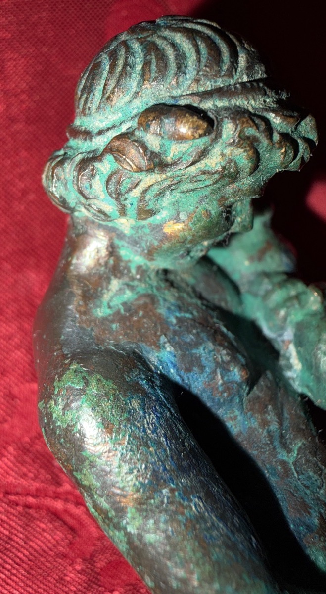 Bronze Statuette With A Green Patina, Depicting A Young Faun Holding A Wineskin. Grand Tour, 19th Century -photo-6