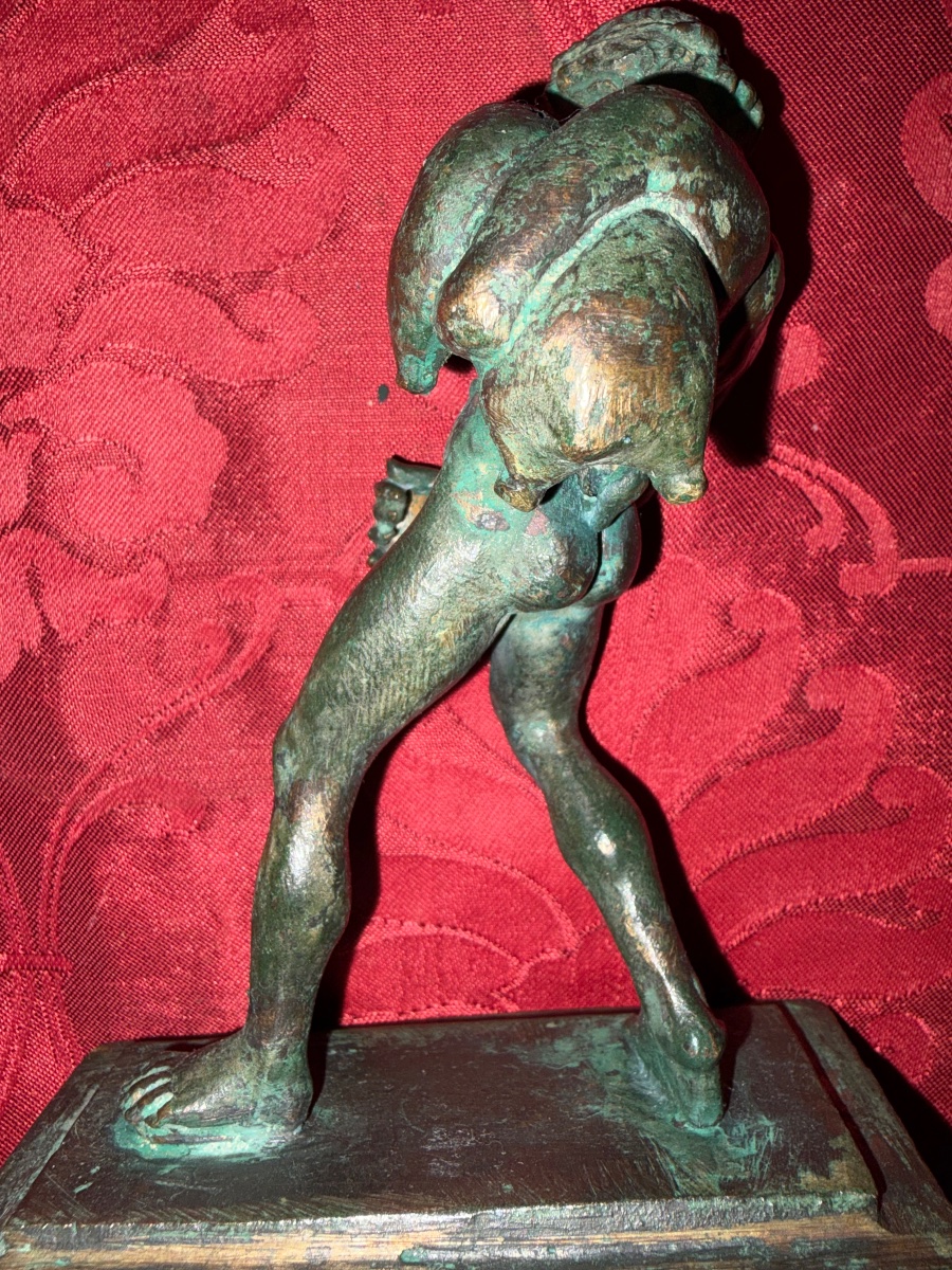 Bronze Statuette With A Green Patina, Depicting A Young Faun Holding A Wineskin. Grand Tour, 19th Century -photo-8