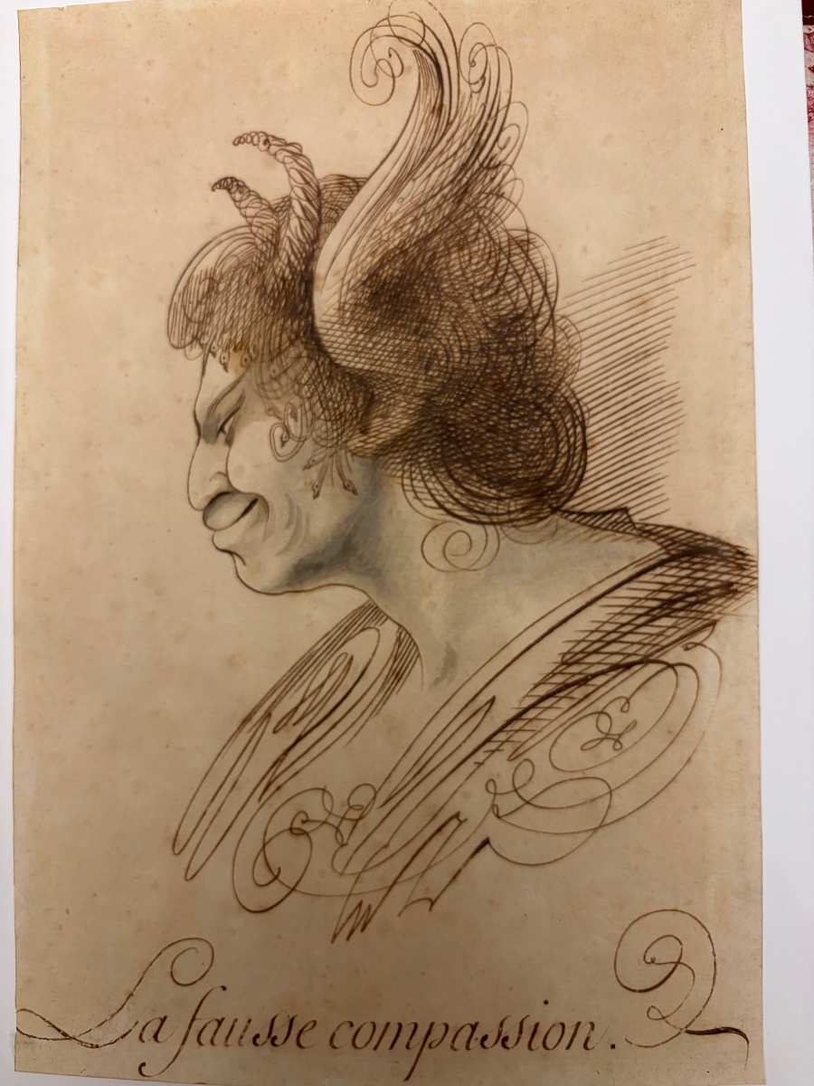 Pen-and-ink Drawing, Calligraphy, “la Fausse Compassion,” 18th Century, France.