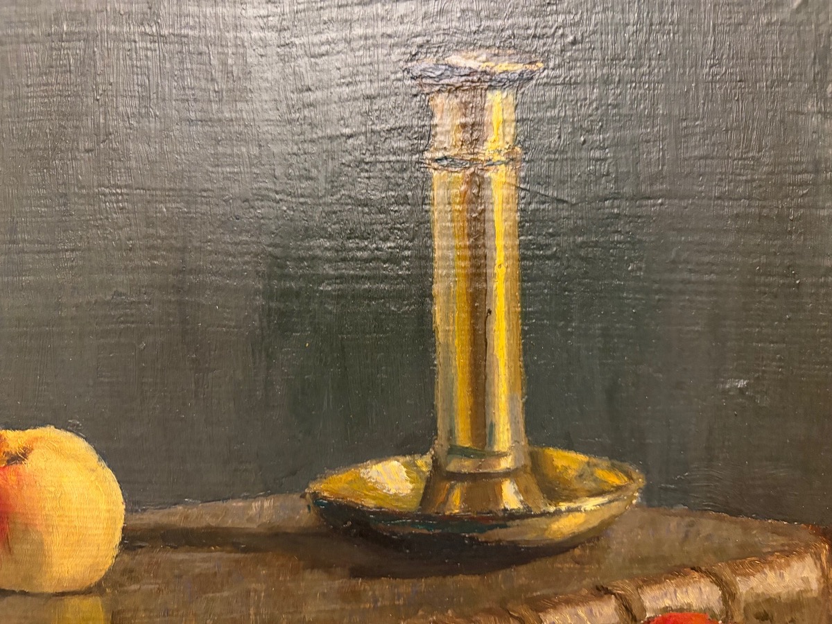 Still Life With An Old Book, Apples, And A Candleholder. France. Early 20th Century, France.-photo-2