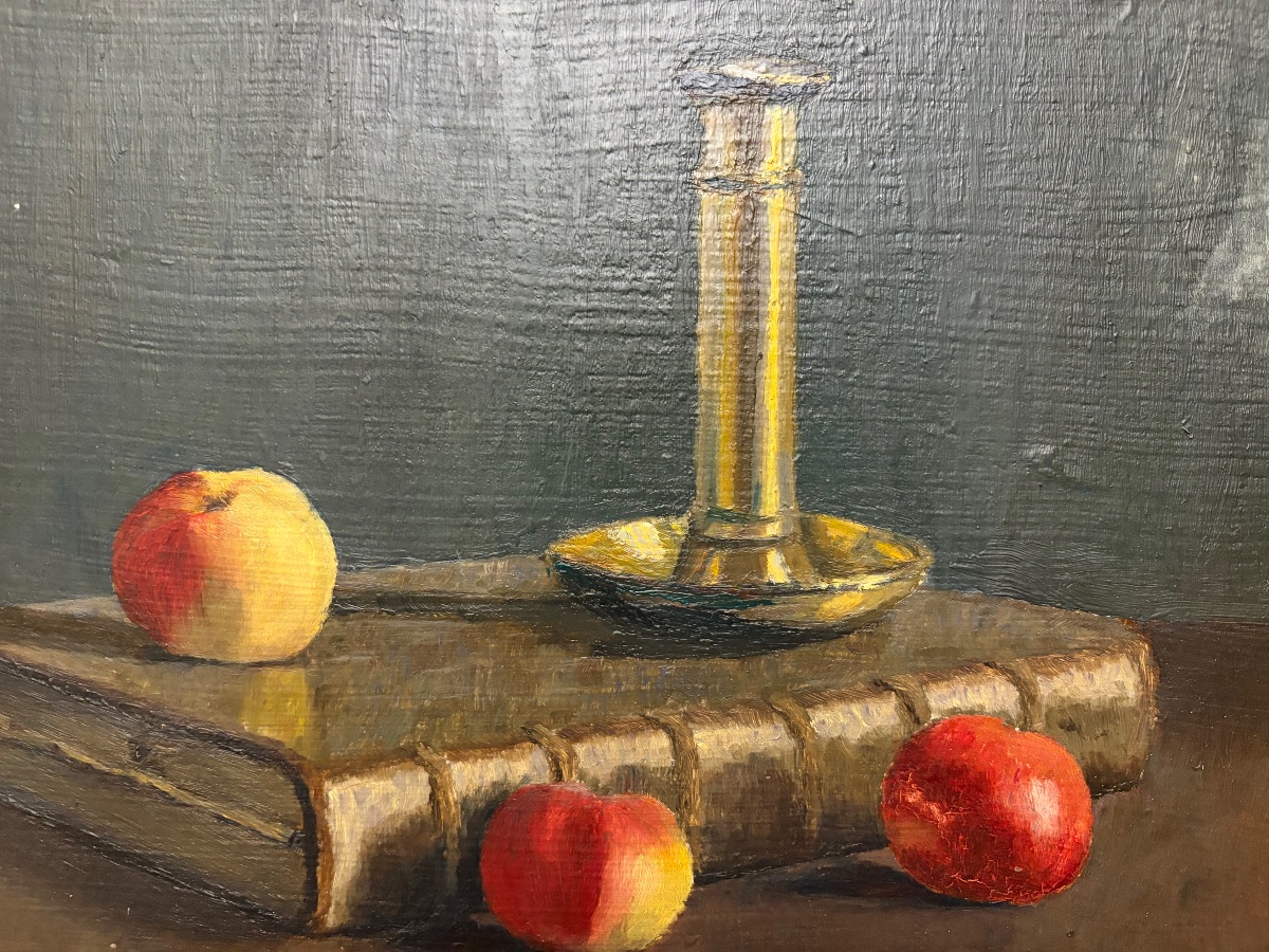 Still Life With An Old Book, Apples, And A Candleholder. France. Early 20th Century, France.-photo-6