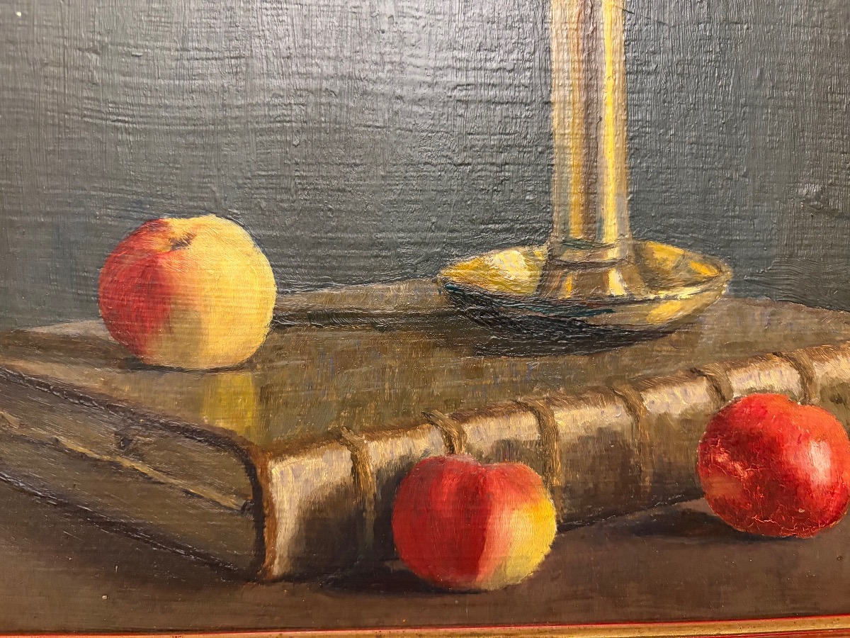 Still Life With An Old Book, Apples, And A Candleholder. France. Early 20th Century, France.-photo-7