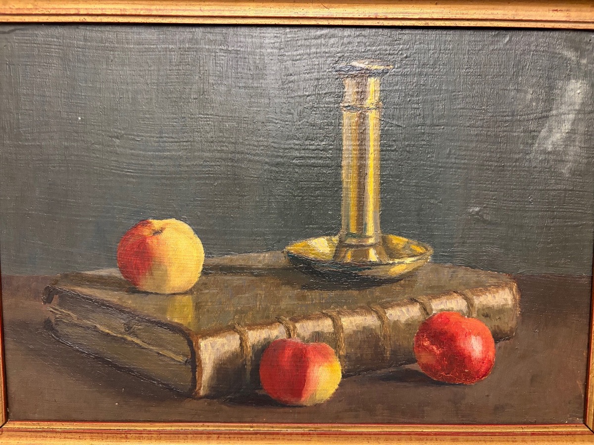 Still Life With An Old Book, Apples, And A Candleholder. France. Early 20th Century, France.