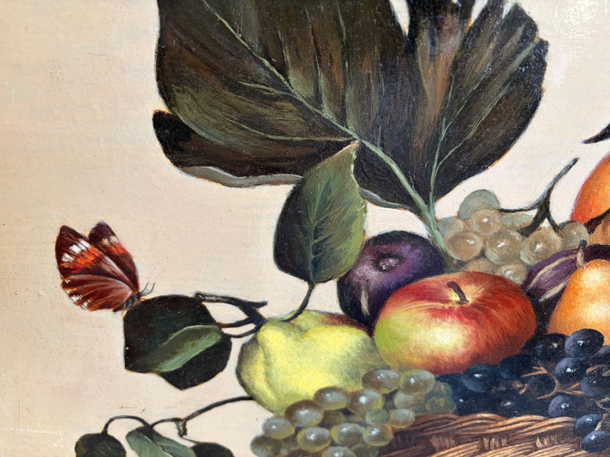Grande huile sur bois, le «  Panier de fruits « d’après le Caravage. XX eme siècle. -photo-2