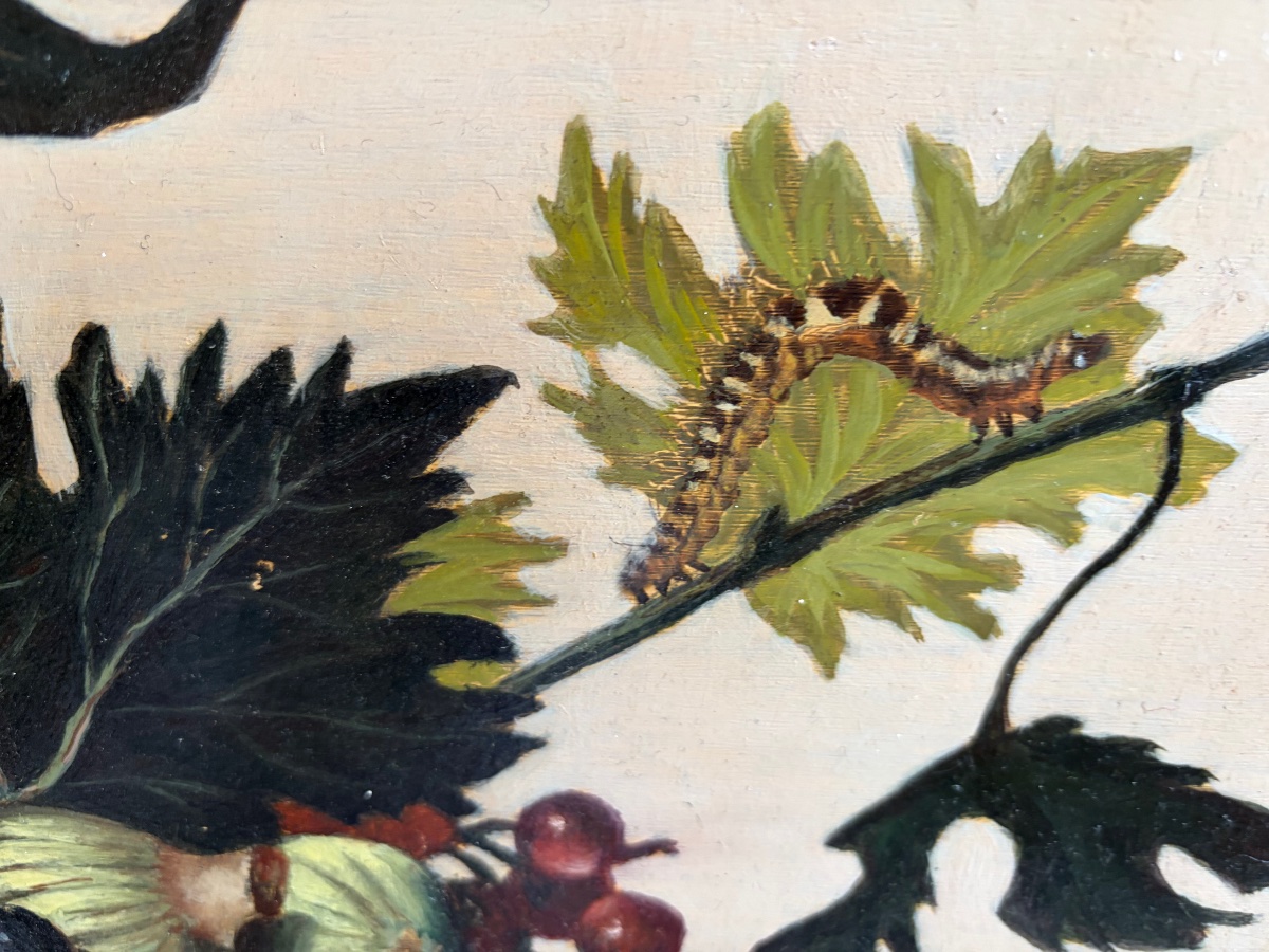Grande huile sur bois, le «  Panier de fruits « d’après le Caravage. XX eme siècle. -photo-3