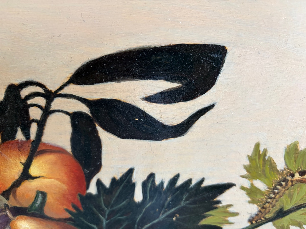 Grande huile sur bois, le «  Panier de fruits « d’après le Caravage. XX eme siècle. -photo-4
