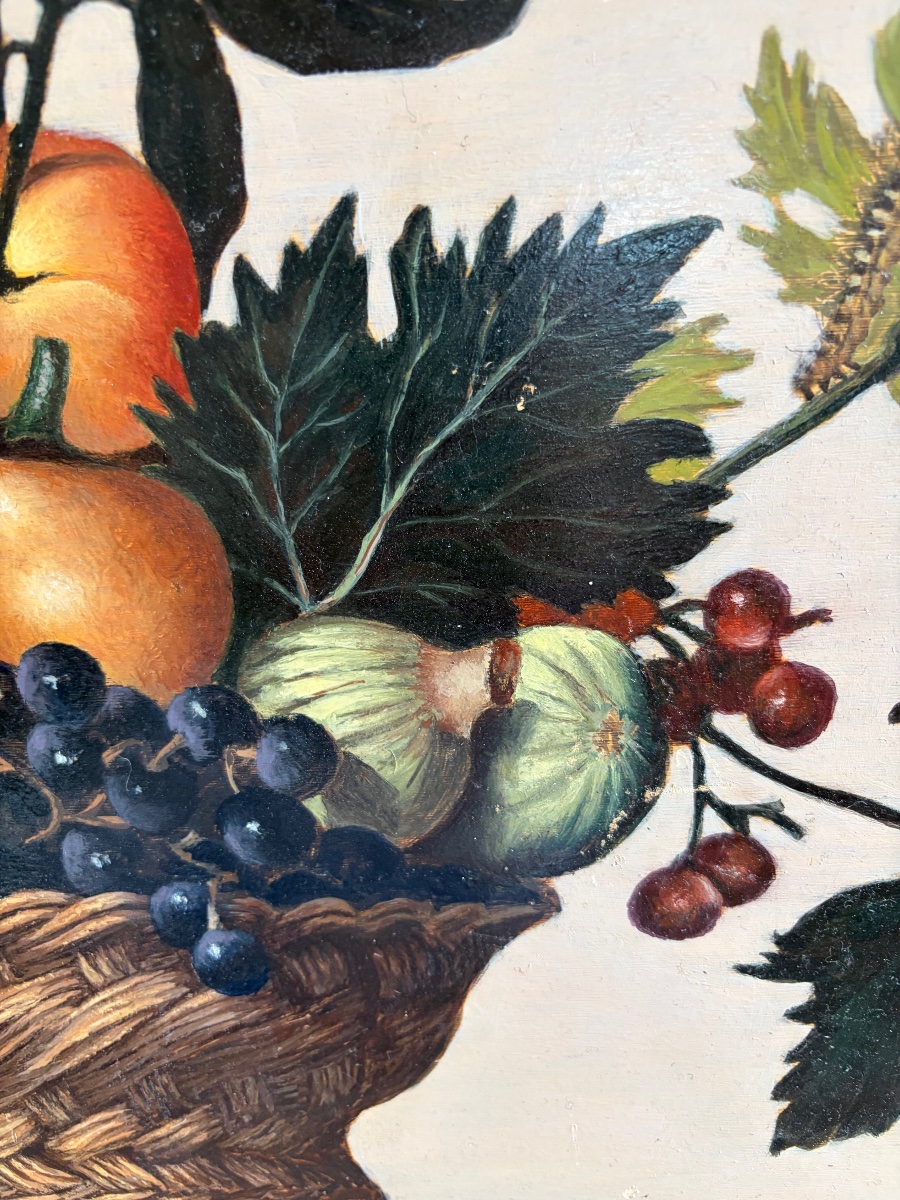 Grande huile sur bois, le «  Panier de fruits « d’après le Caravage. XX eme siècle. -photo-1