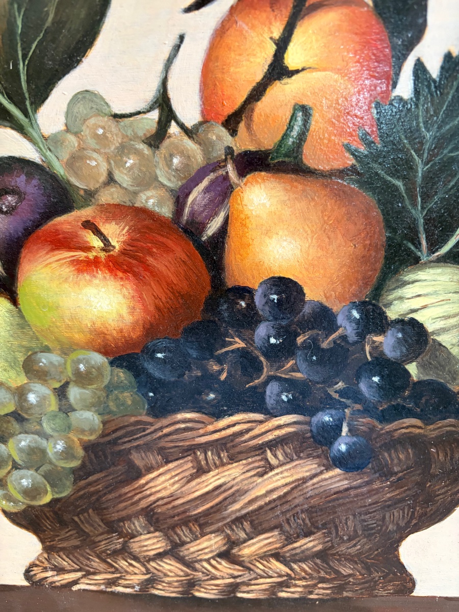 Grande huile sur bois, le «  Panier de fruits « d’après le Caravage. XX eme siècle. -photo-2