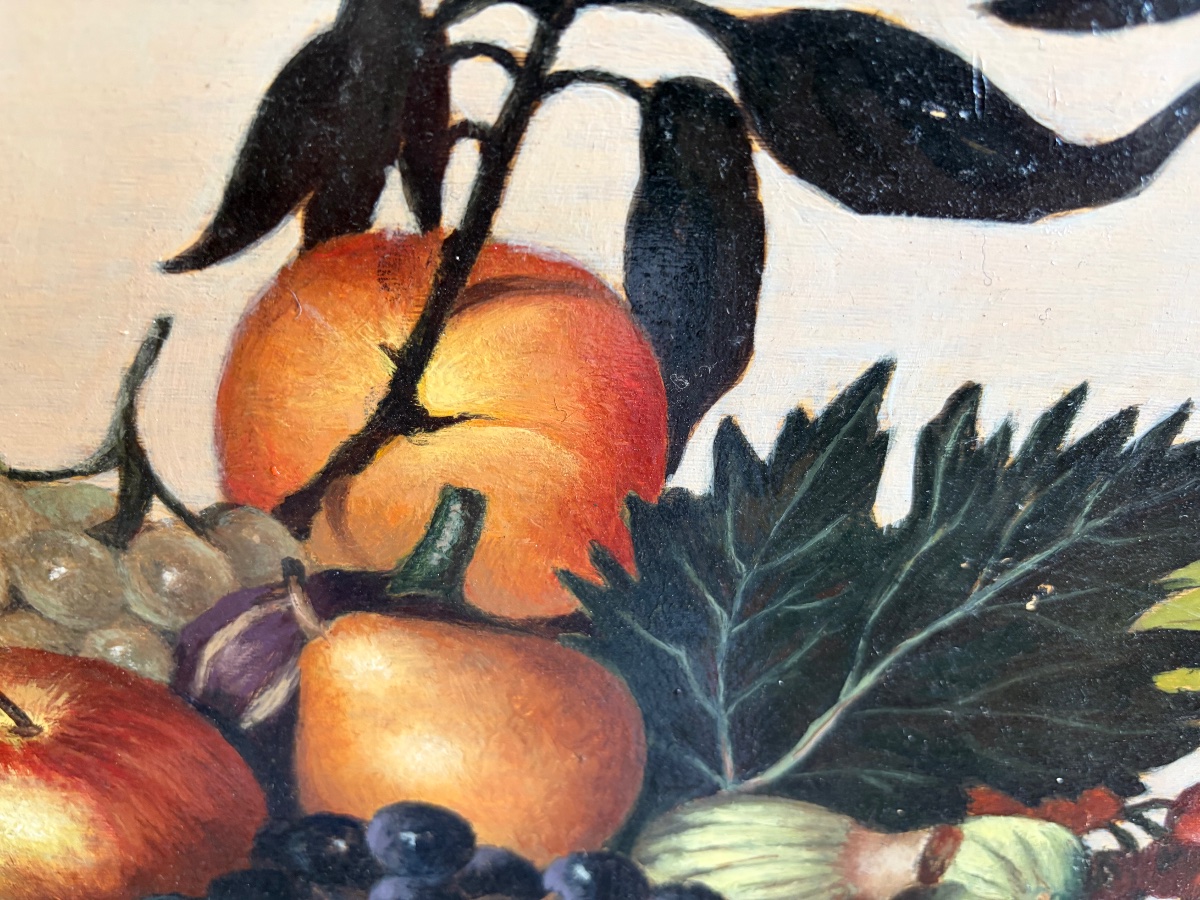 Grande huile sur bois, le «  Panier de fruits « d’après le Caravage. XX eme siècle. -photo-5