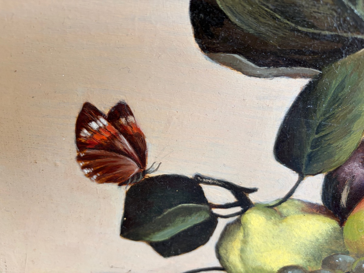 Grande huile sur bois, le «  Panier de fruits « d’après le Caravage. XX eme siècle. -photo-7