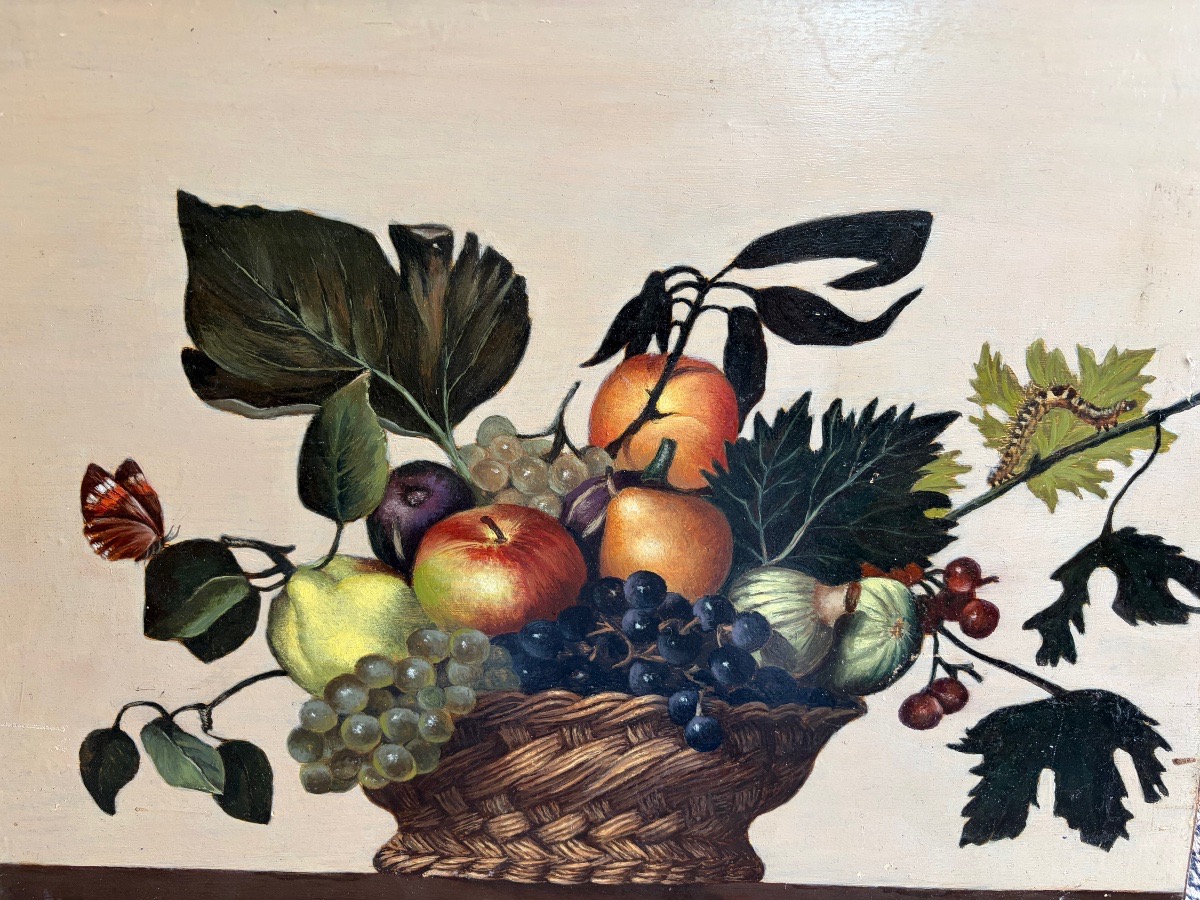 Grande huile sur bois, le «  Panier de fruits « d’après le Caravage. XX eme siècle. 