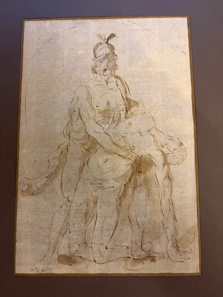 17th-century Italian Drawing. Brown Ink And Ink Wash. Menelas Wearing Patrocle, Dead. 