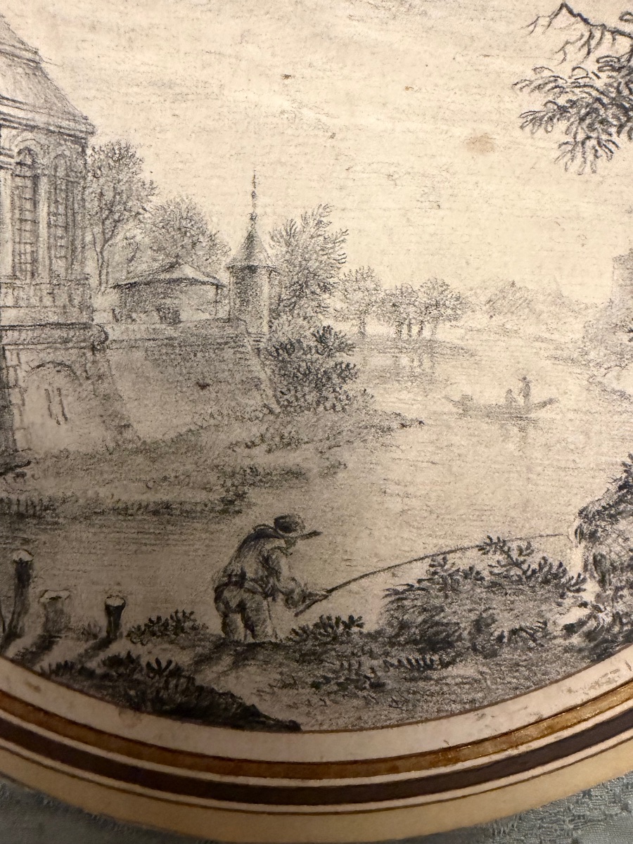 Dessin à la pierre noire, tondo, pêcheurs, château, arbres, fin XVIII éme ou début XIX éme.-photo-3