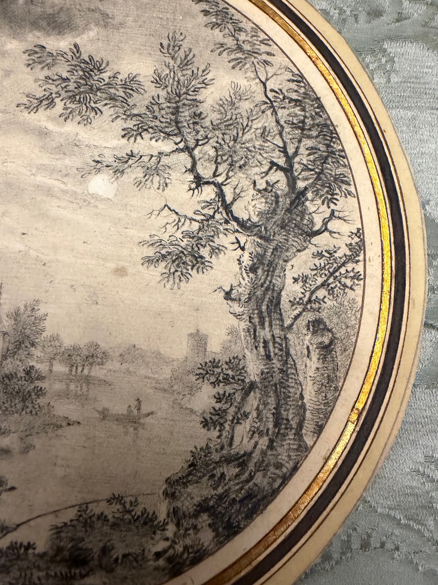 Dessin à la pierre noire, tondo, pêcheurs, château, arbres, fin XVIII éme ou début XIX éme.-photo-1
