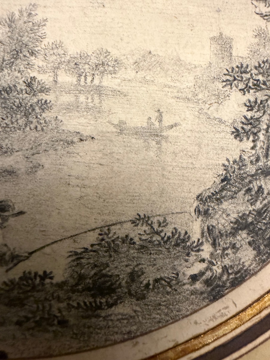 Dessin à la pierre noire, tondo, pêcheurs, château, arbres, fin XVIII éme ou début XIX éme.-photo-4