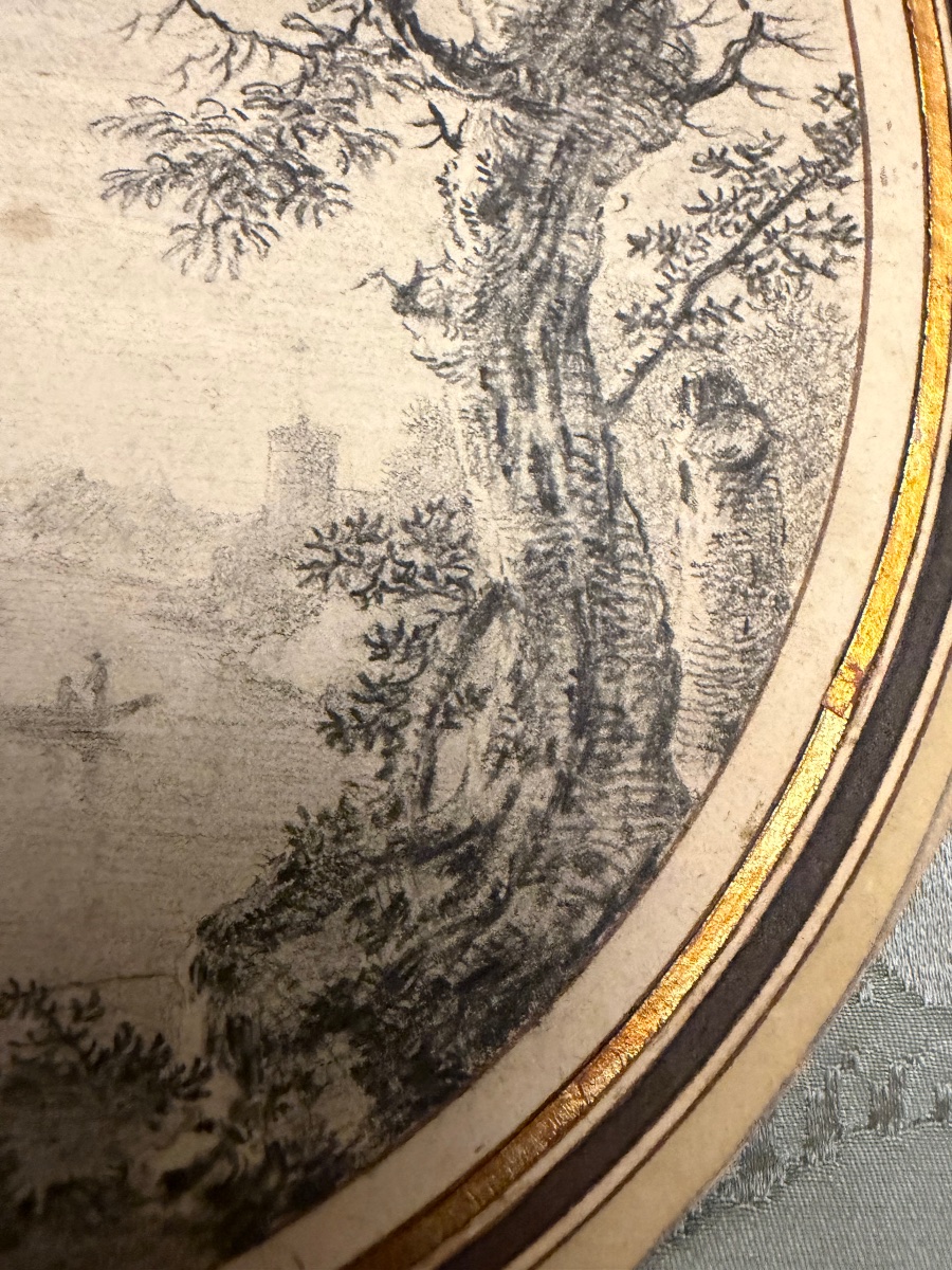 Dessin à la pierre noire, tondo, pêcheurs, château, arbres, fin XVIII éme ou début XIX éme.-photo-5