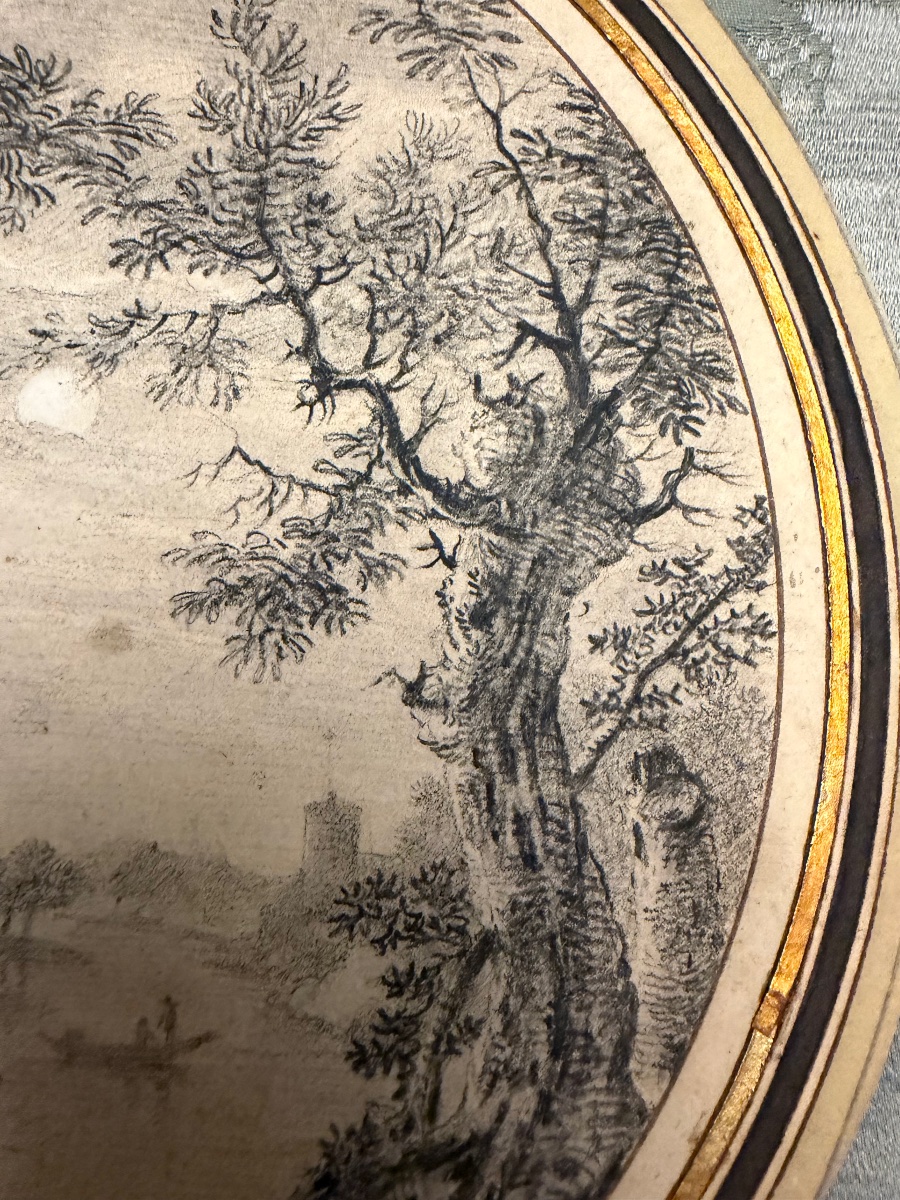 Dessin à la pierre noire, tondo, pêcheurs, château, arbres, fin XVIII éme ou début XIX éme.-photo-6