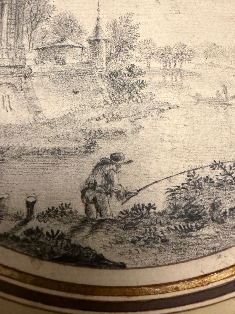 Dessin à la pierre noire, tondo, pêcheurs, château, arbres, fin XVIII éme ou début XIX éme.-photo-7