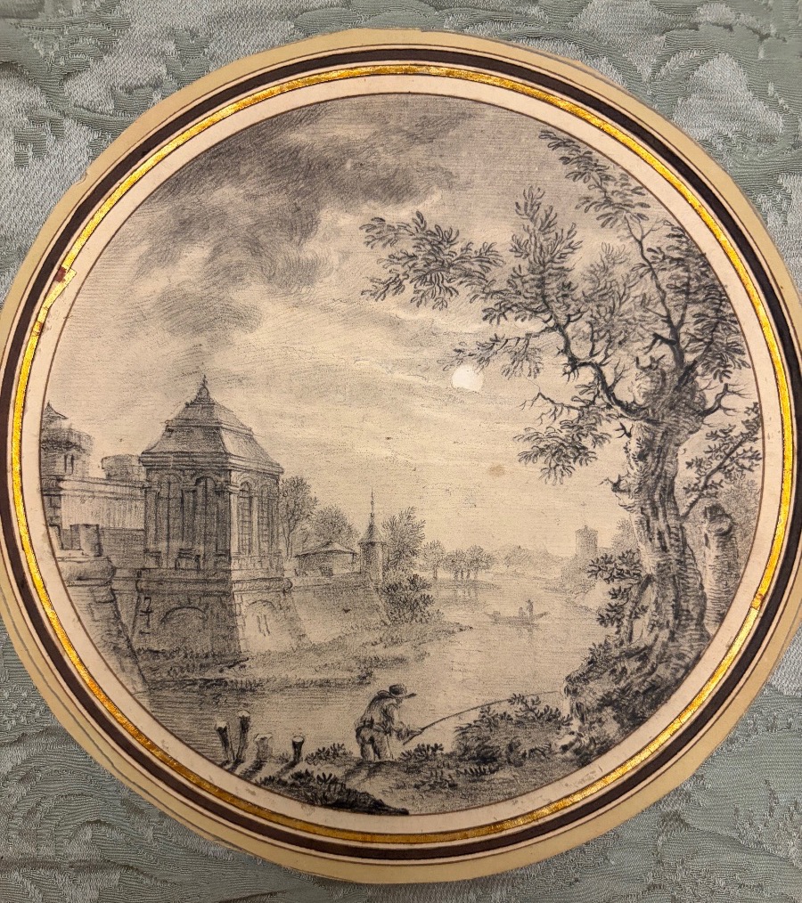 Dessin à la pierre noire, tondo, pêcheurs, château, arbres, fin XVIII éme ou début XIX éme.