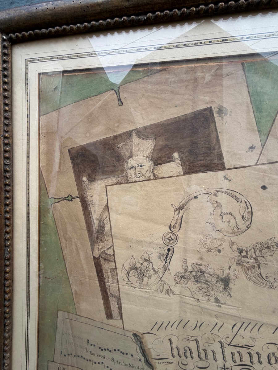 Large Trompe-l'œil Drawing, Pen And Gouache, 19th Century. France. -photo-3