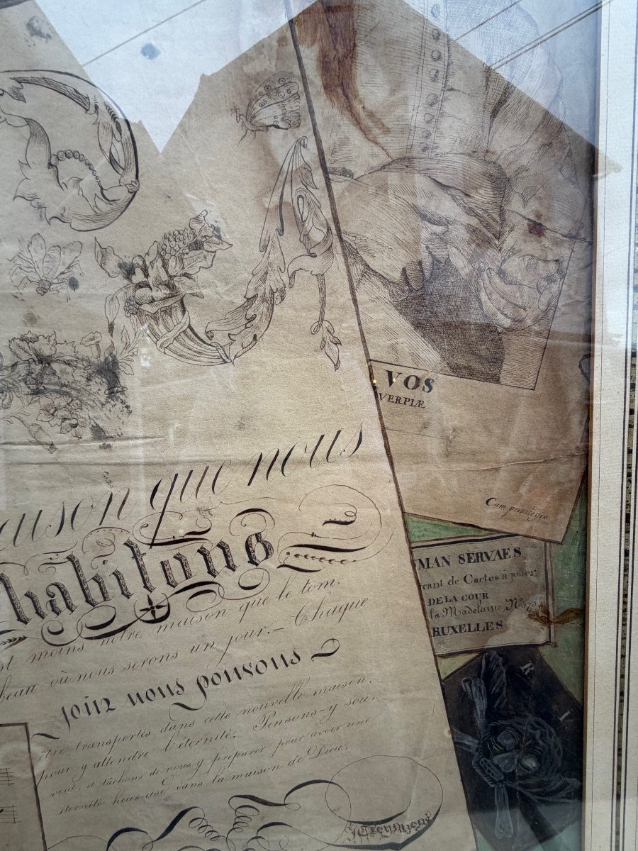 Large Trompe-l'œil Drawing, Pen And Gouache, 19th Century. France. -photo-1