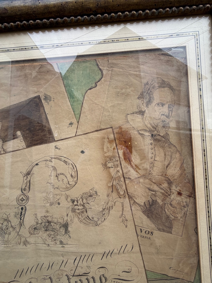Large Trompe-l'œil Drawing, Pen And Gouache, 19th Century. France. -photo-2
