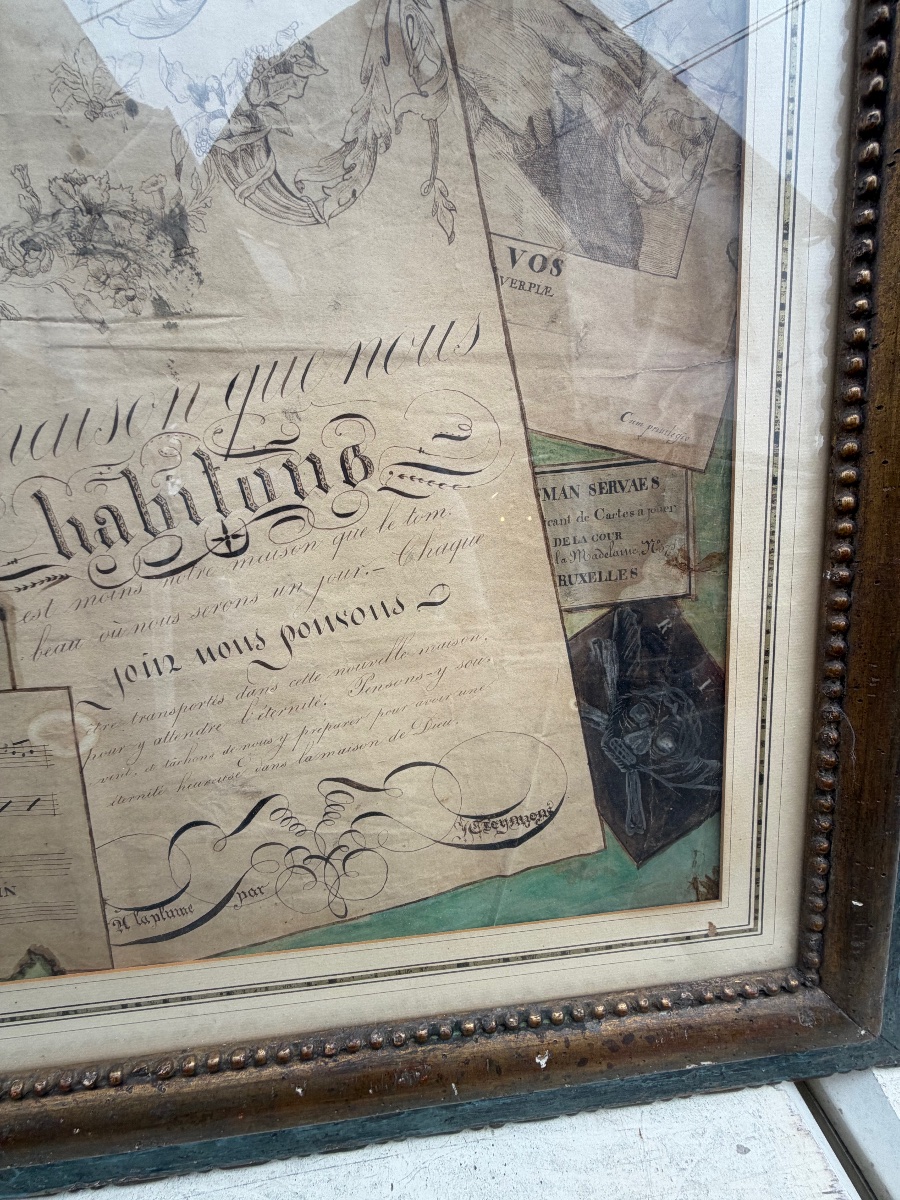 Large Trompe-l'œil Drawing, Pen And Gouache, 19th Century. France. -photo-3
