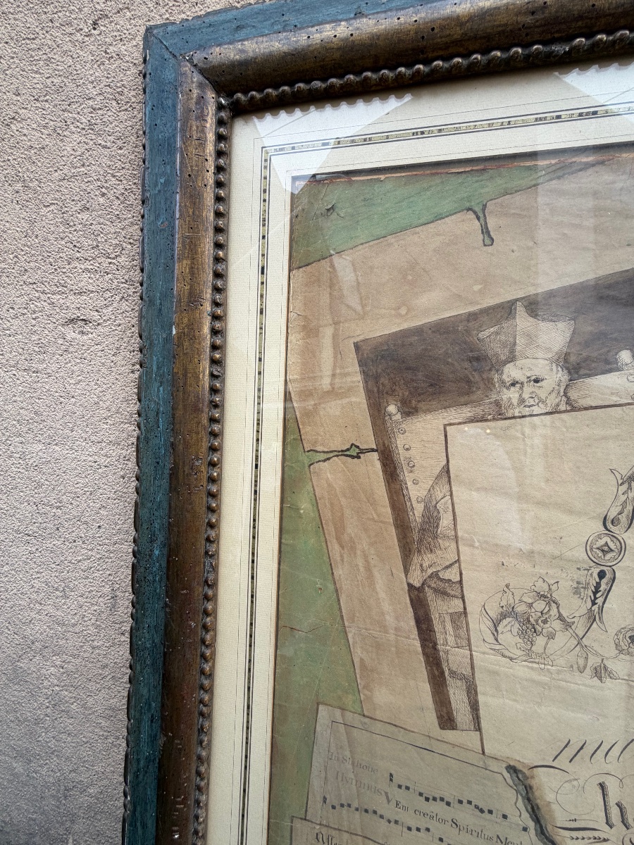 Large Trompe-l'œil Drawing, Pen And Gouache, 19th Century. France. -photo-4