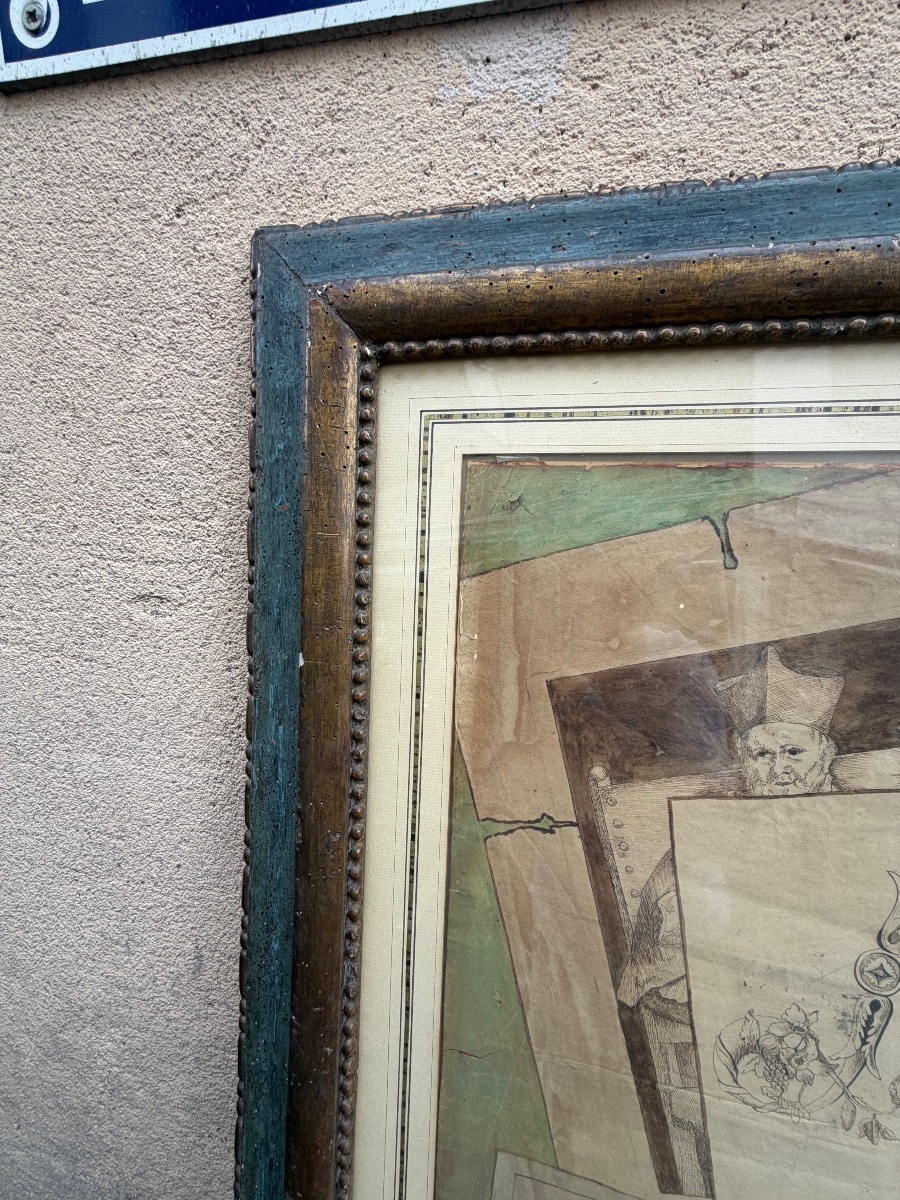 Large Trompe-l'œil Drawing, Pen And Gouache, 19th Century. France. -photo-5