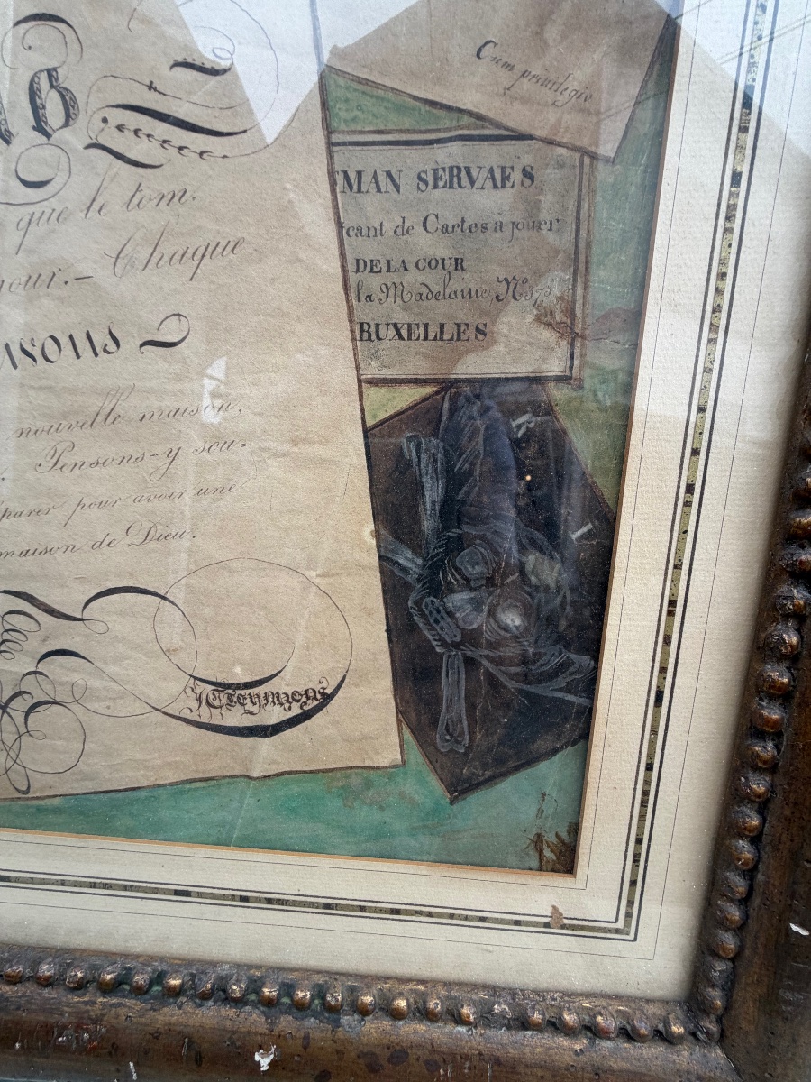 Large Trompe-l'œil Drawing, Pen And Gouache, 19th Century. France. -photo-7