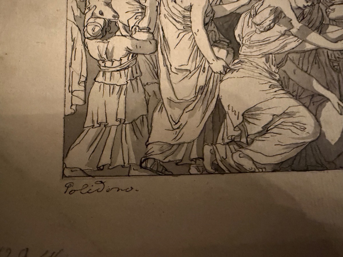 dessin, plume, encre grise, reprise d’un bas relief antique, d’après Polidoro da Caravagi-photo-2