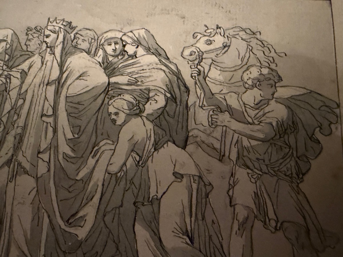 dessin, plume, encre grise, reprise d’un bas relief antique, d’après Polidoro da Caravagi-photo-3