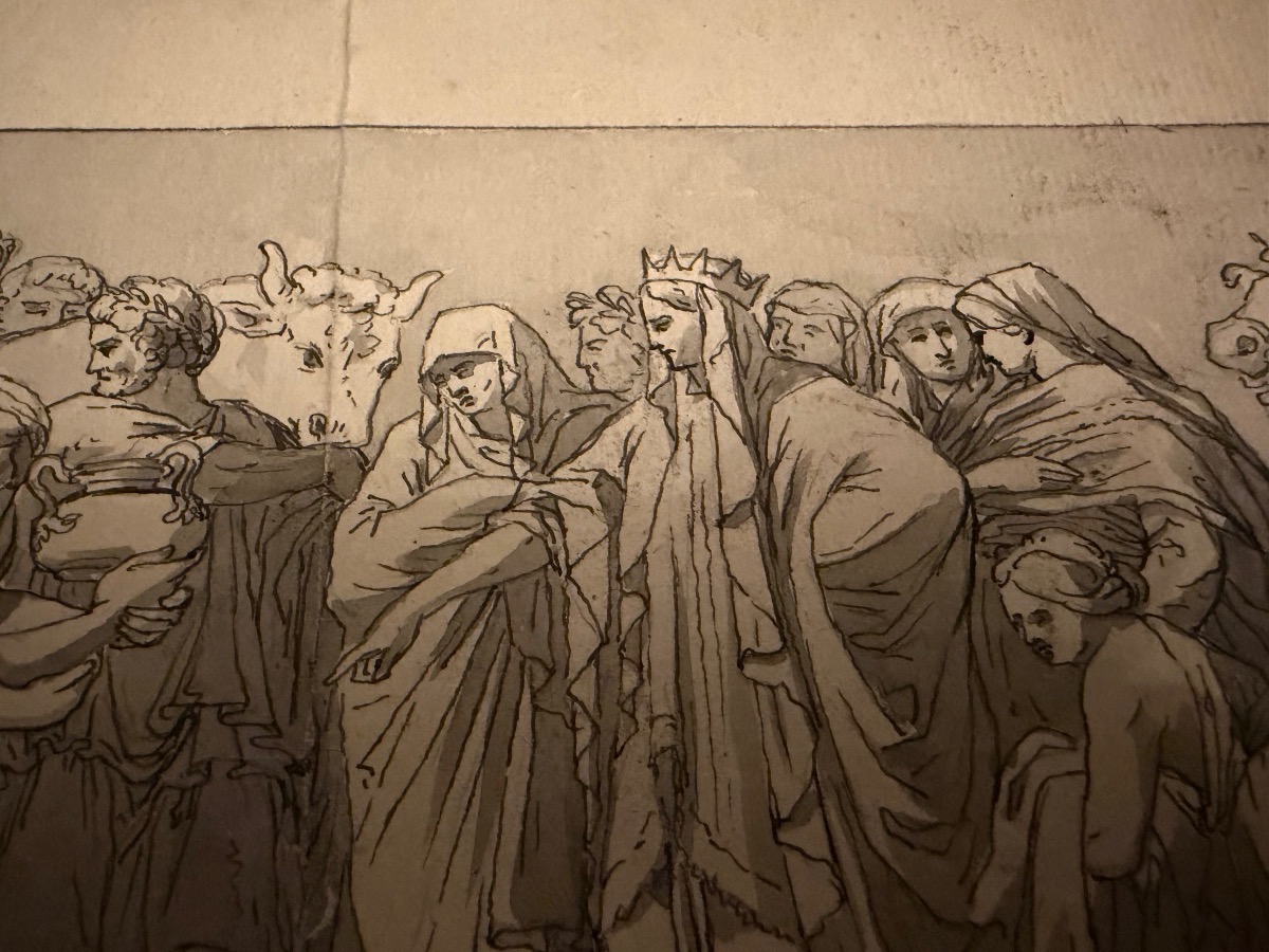 dessin, plume, encre grise, reprise d’un bas relief antique, d’après Polidoro da Caravagi-photo-4