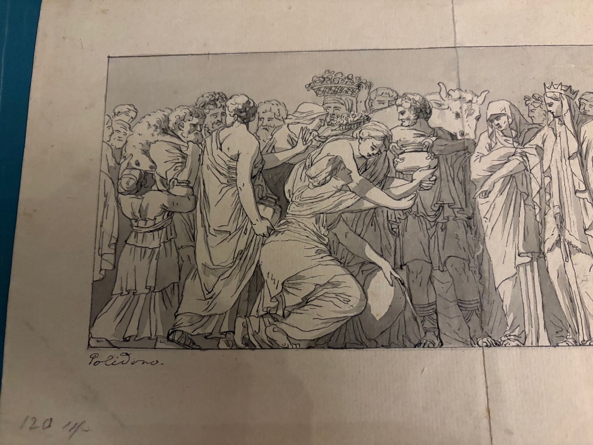 dessin, plume, encre grise, reprise d’un bas relief antique, d’après Polidoro da Caravagi-photo-1