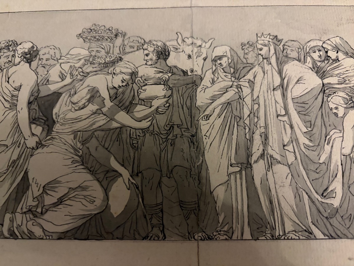 dessin, plume, encre grise, reprise d’un bas relief antique, d’après Polidoro da Caravagi-photo-2