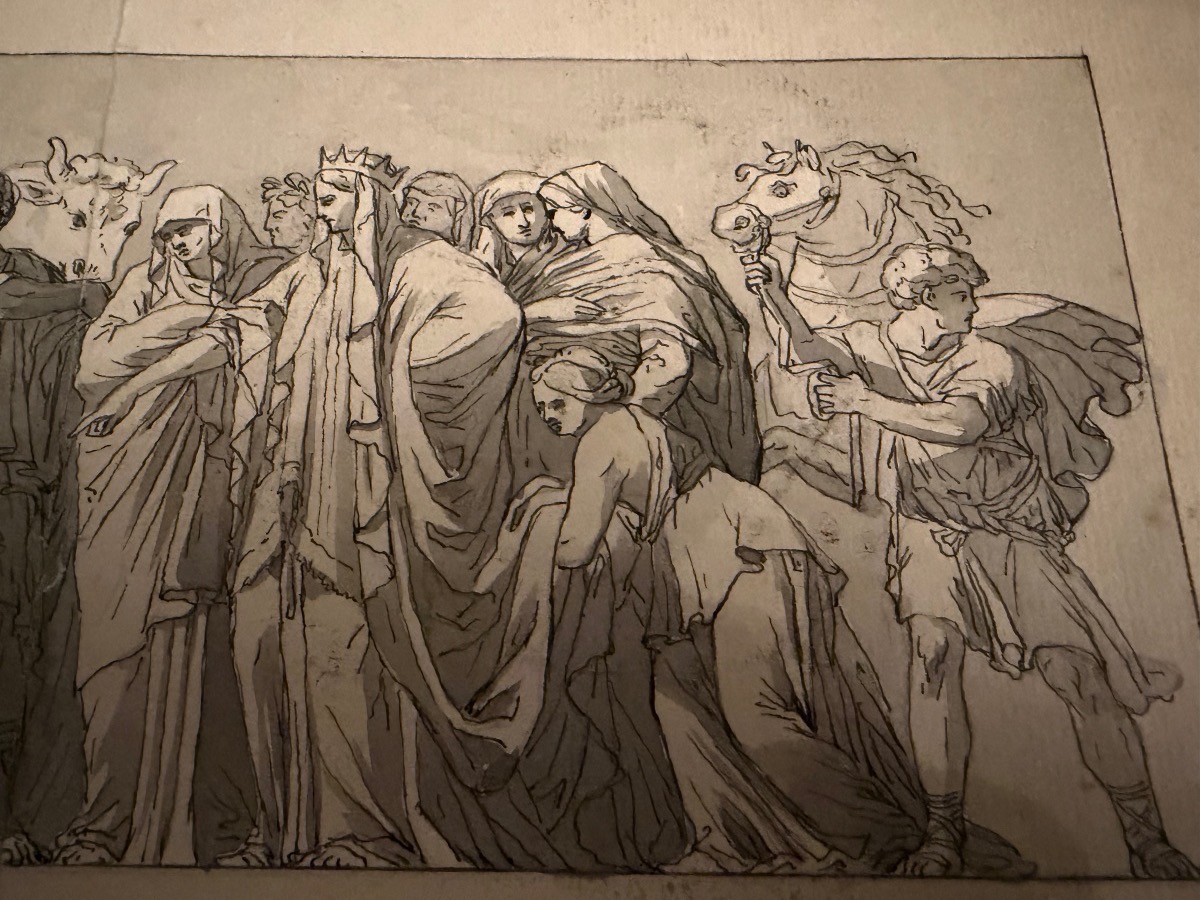 dessin, plume, encre grise, reprise d’un bas relief antique, d’après Polidoro da Caravagi-photo-3